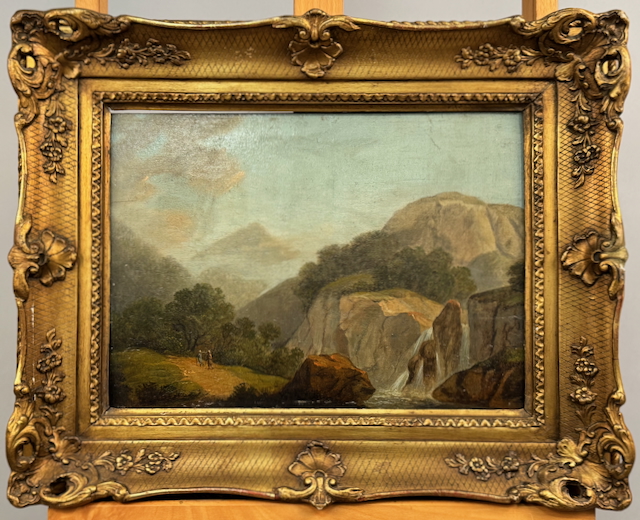 Ölgemälde, Felsenlandschaft mit Wasserfall und Personenstaffage, 19. Jh.
